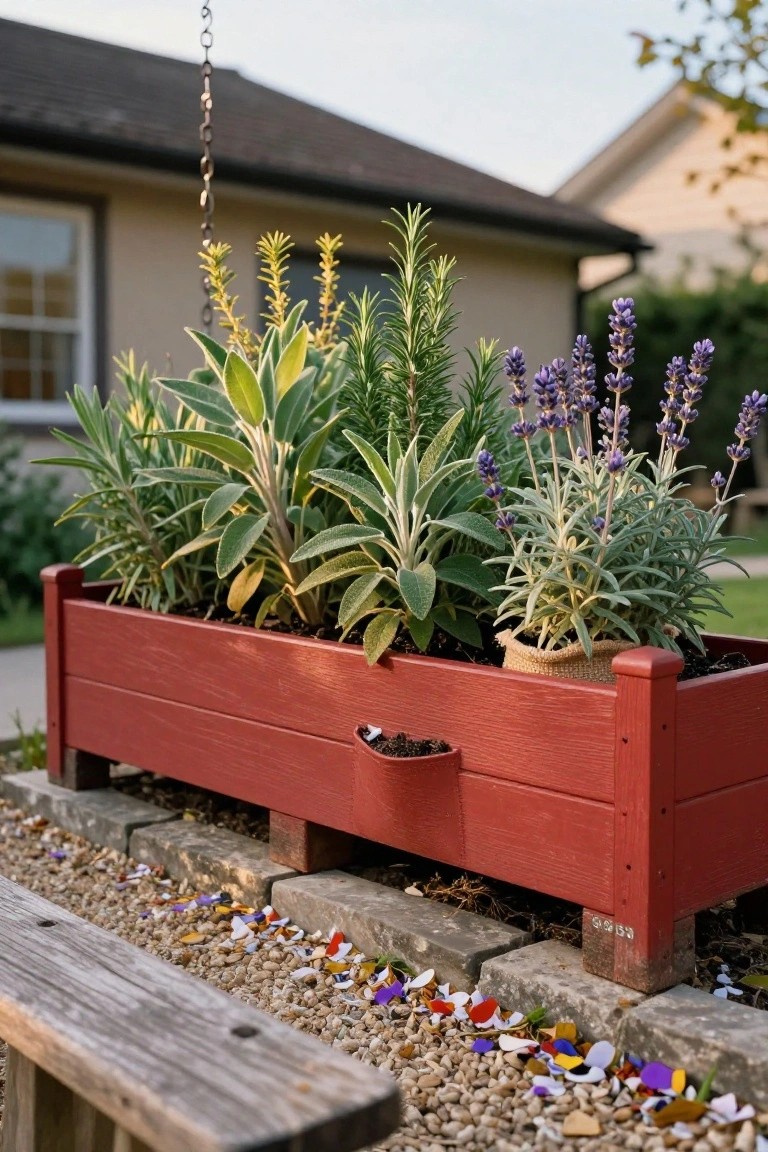 Red wooden raised planter box on legs filled with herbs such as rosemary, lavender, and sage, positioned on a gravel area near a house exterior and wooden bench.