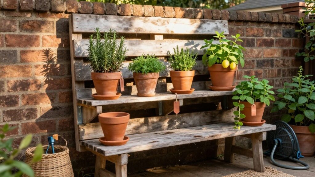 Wooden pallet shelves mounted against a brick exterior wall holding multiple terracotta pots with herbs including rosemary and thyme, a small wooden bench at the base, and a blue watering can nearby on a patio.