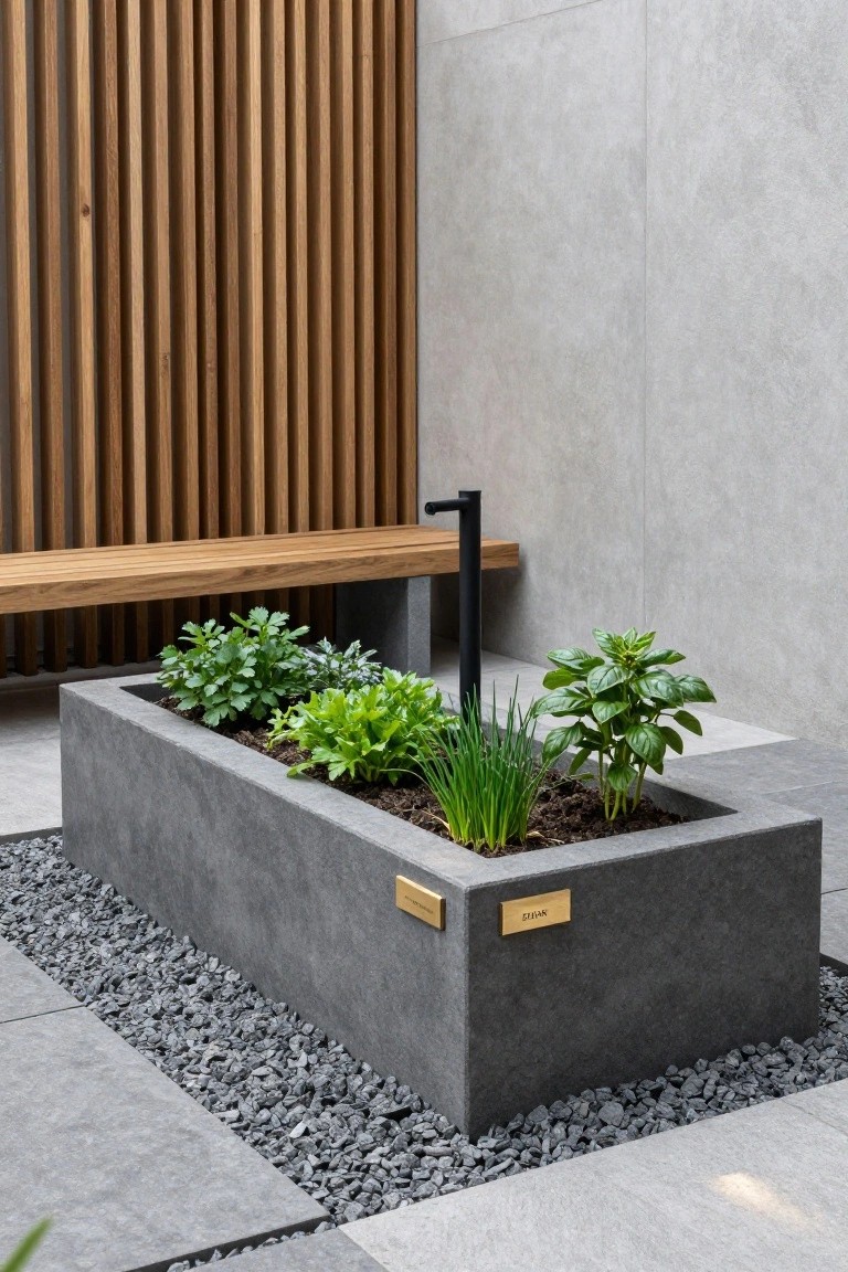Gray rectangular concrete planter box containing various herbs such as basil, parsley, and chives next to a wooden bench on a gray tiled patio with pebble ground cover, wooden slat screen, and black metal post.