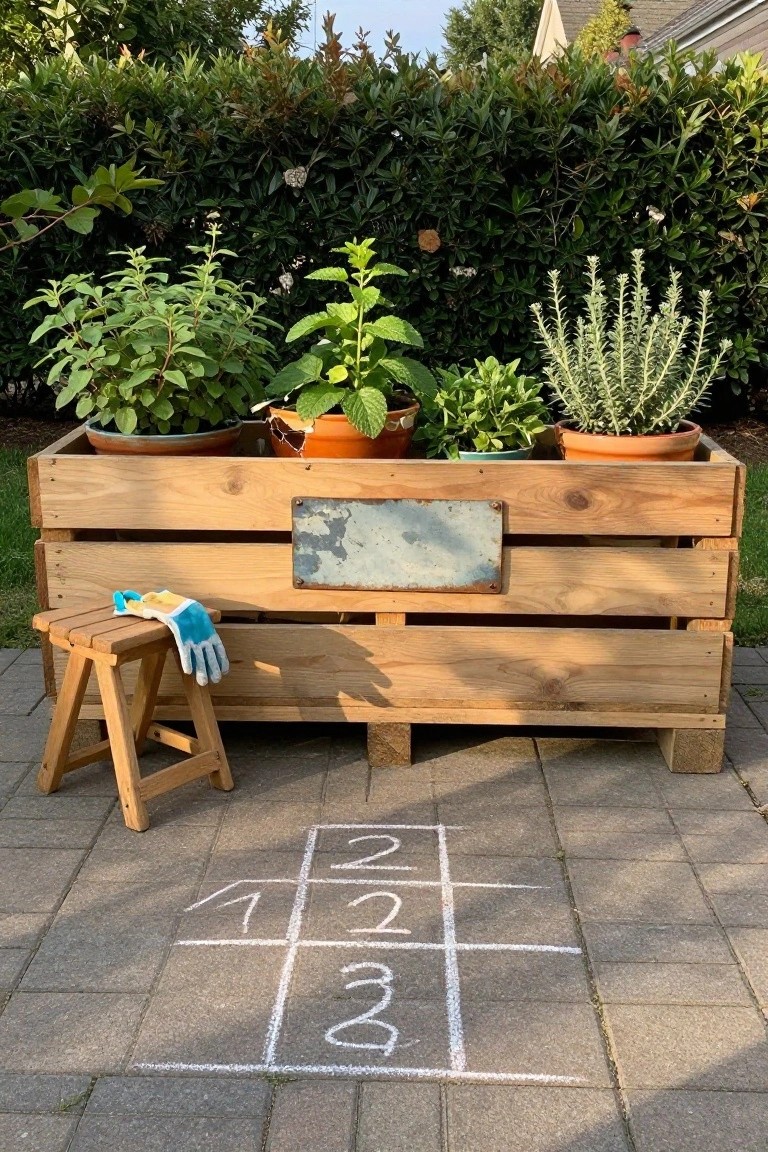 Wooden pallet crate planter holding several terracotta pots with herbs including mint and rosemary, positioned on a paved patio beside a small wooden stool with yellow and blue gardening gloves and a chalk hopscotch grid on the ground.