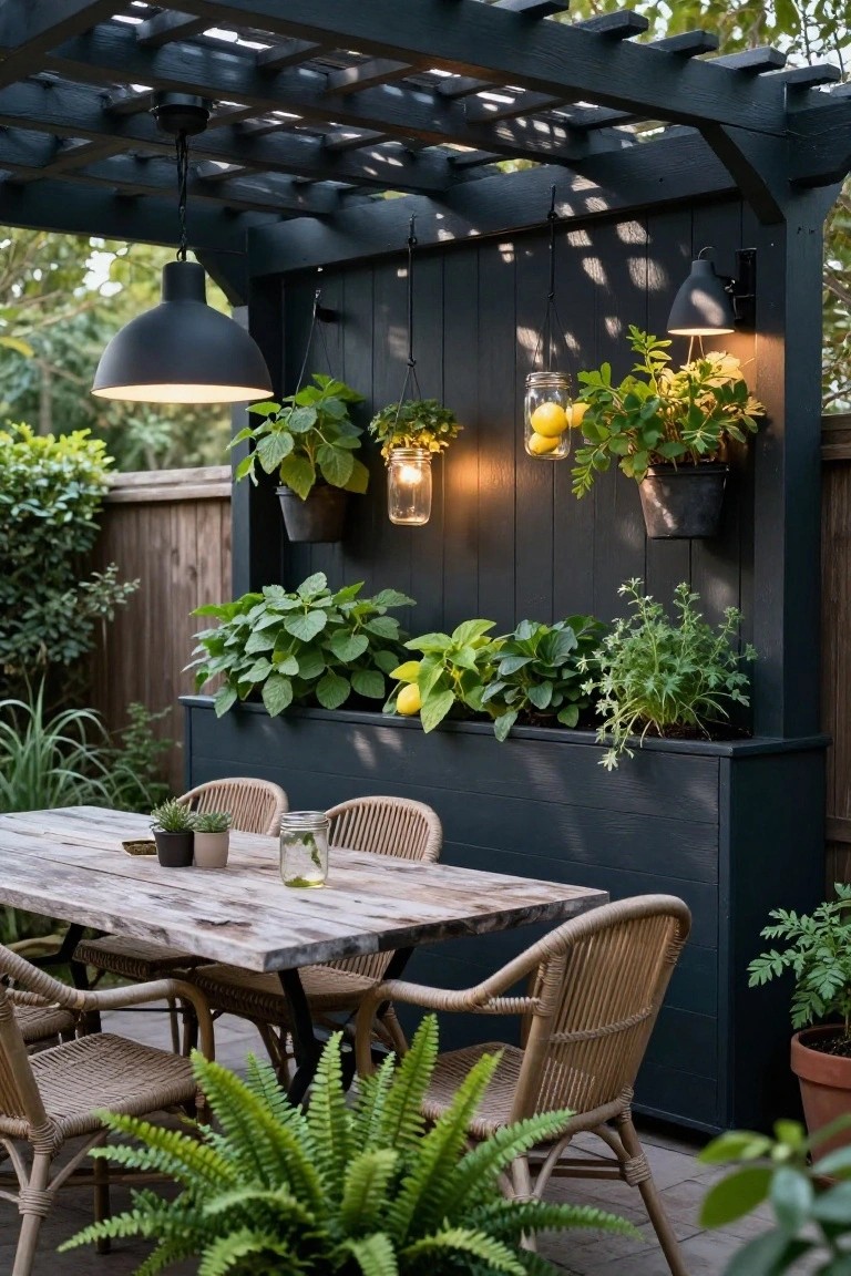 Dark-stained wooden pergola-covered patio with built-in black wall planters filled with herbs, hanging mason jars containing lemons, a weathered wooden dining table, rattan chairs, and potted plants.