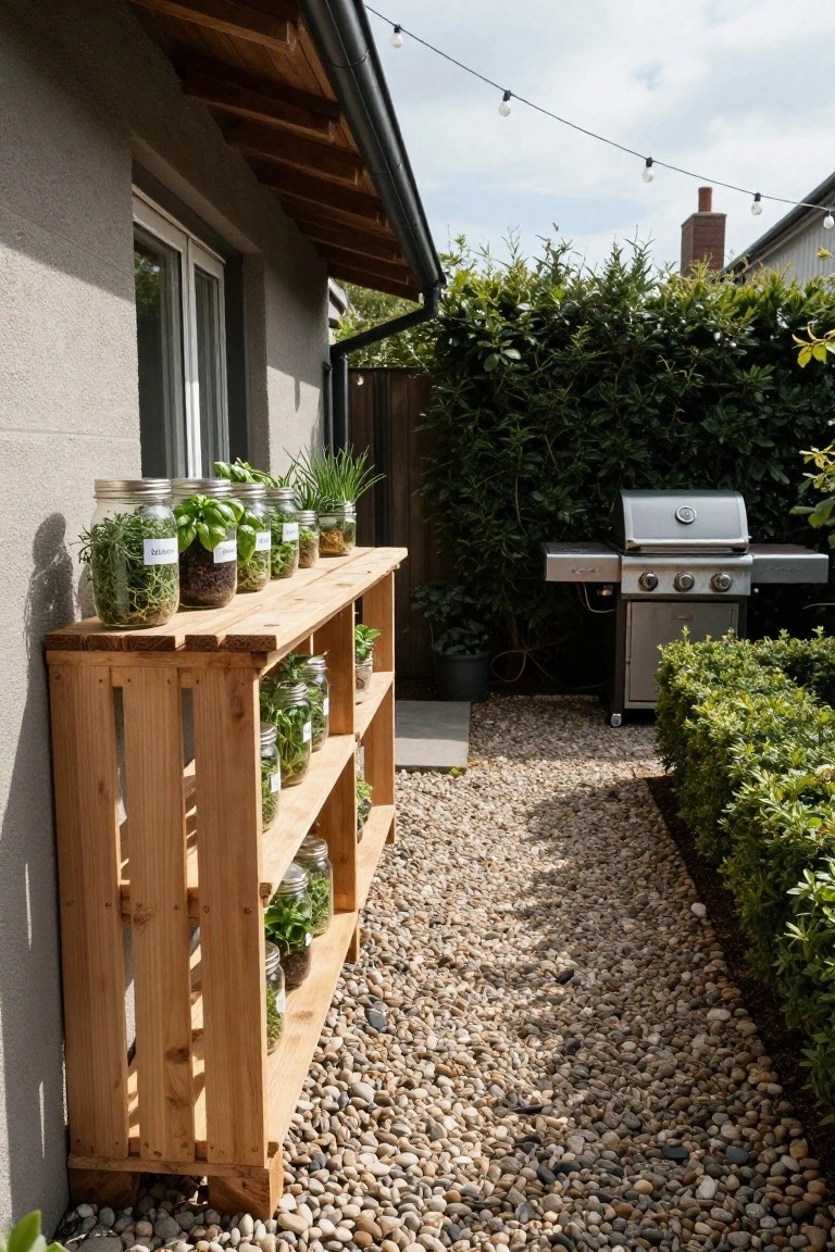 Wooden pallet shelf leaned against a beige stucco house wall holding labeled mason jars filled with herbs including basil and rosemary, beside a gravel path, stainless steel barbecue grill, and green hedges.