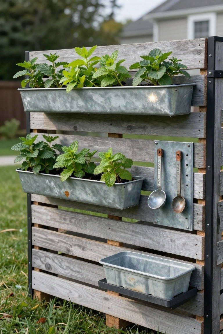 Weathered pallet wood forms a vertical panel with galvanized metal planters at various heights containing mint herbs, metal spoons mounted as hooks, and a small empty tray at the bottom, set in a grassy yard near a house.
