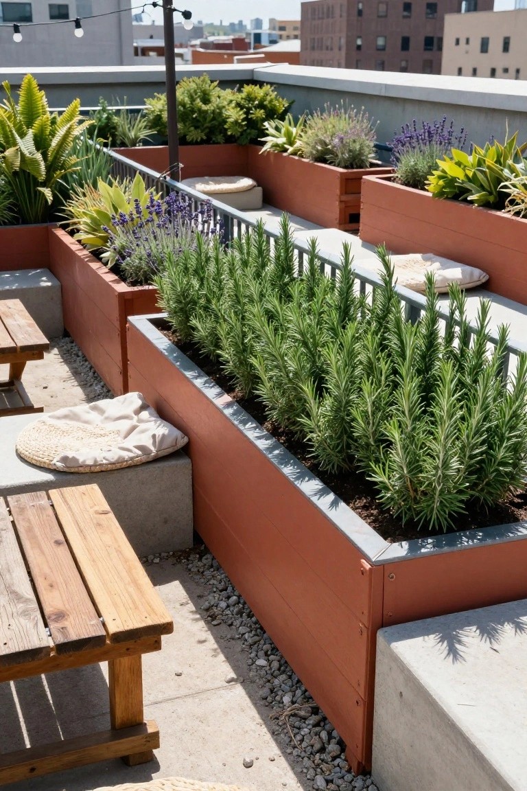 Rooftop terrace featuring red rectangular raised planters filled with rosemary and other herbs along the edges, wooden benches with cushions, string lights overhead, and surrounding buildings in the background.
