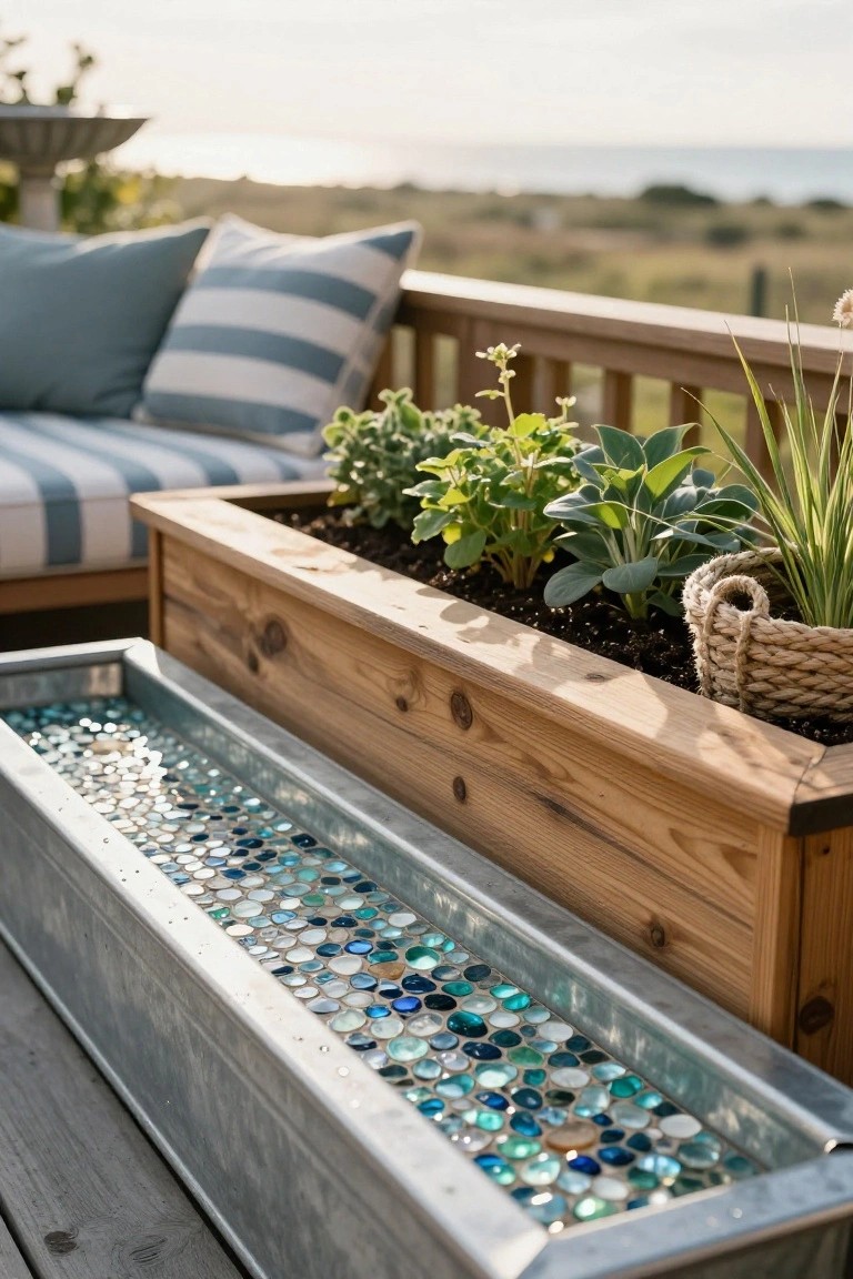 Wooden raised planter boxes filled with green herbs and plants positioned next to striped cushioned bench seating on a deck, with a galvanized metal trough containing blue and clear glass pebbles, overlooking ocean dunes.