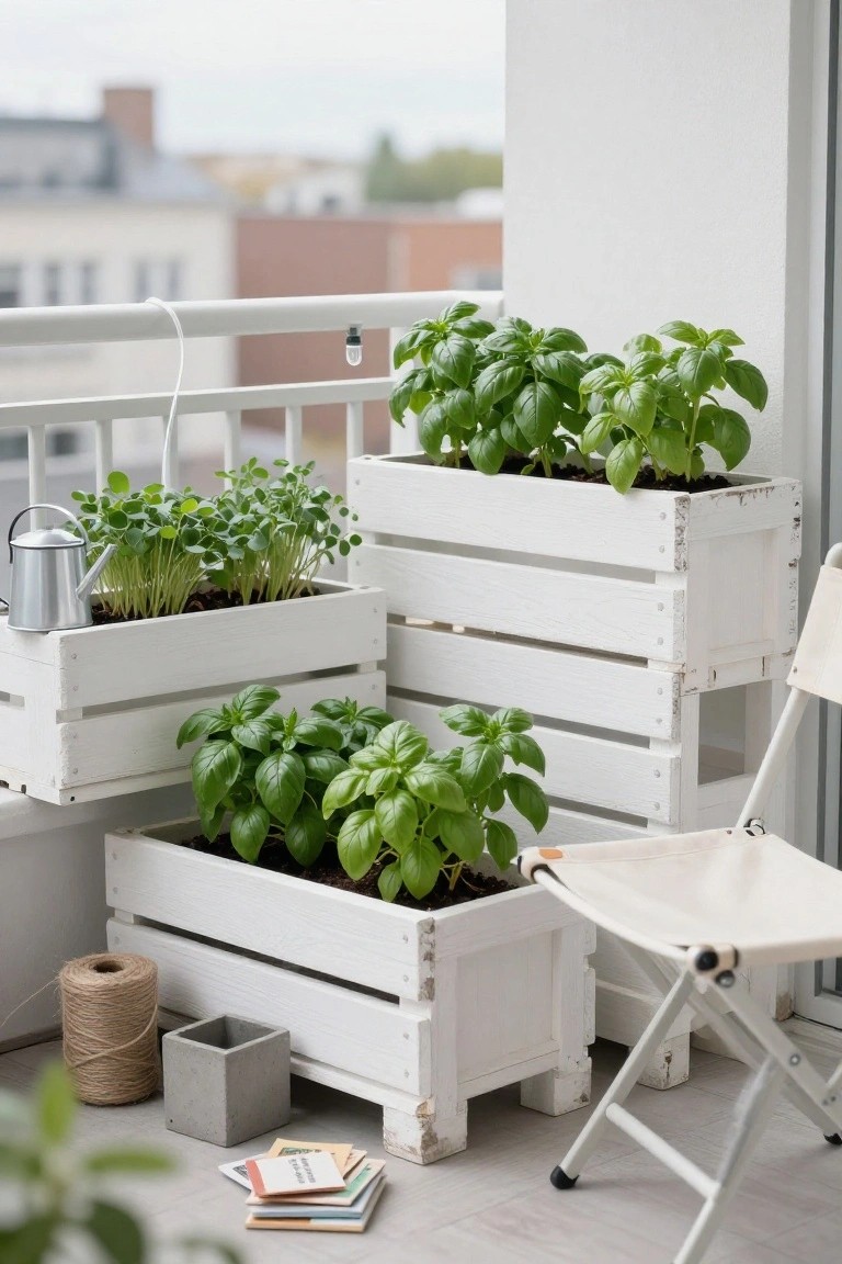 White wooden pallet crates stacked and arranged as planters on a balcony railing, filled with basil and young greens, next to a metal watering can, folding chair, rope coil, concrete pot, and scattered cards on the floor.