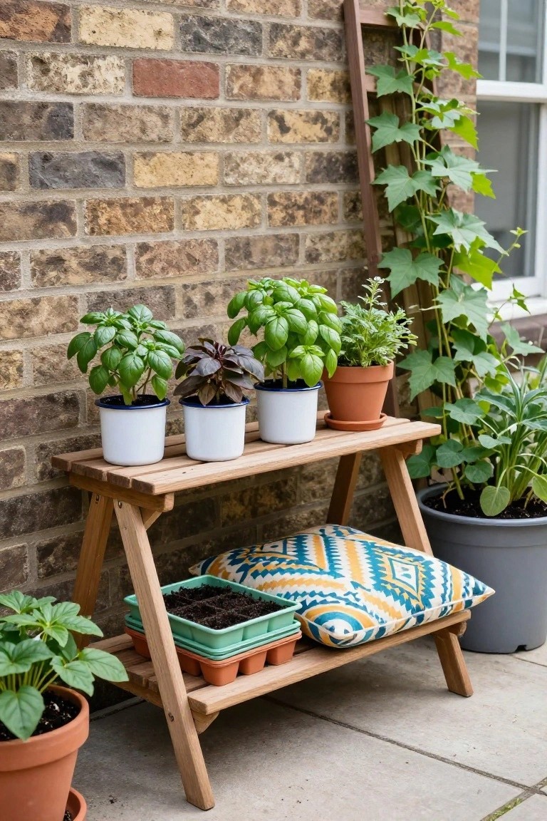 Wooden A-frame shelf against a brick wall on a patio, holding white enamel pots with basil plants, a terracotta pot with another herb, green seed trays, and a colorful patterned cushion, with ivy climbing the wall and other potted plants nearby.