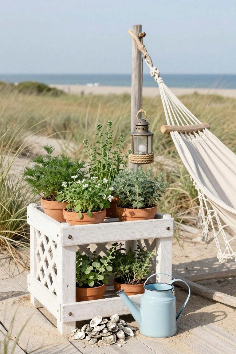 Beach scene with potted plants in white crate, hammock, and watering can.