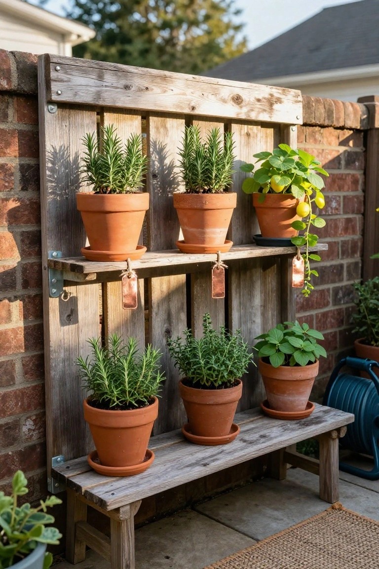 Wooden pallet shelves mounted against a brick exterior wall holding multiple terracotta pots with herbs including rosemary and thyme, a small wooden bench at the base, and a blue watering can nearby on a patio.
