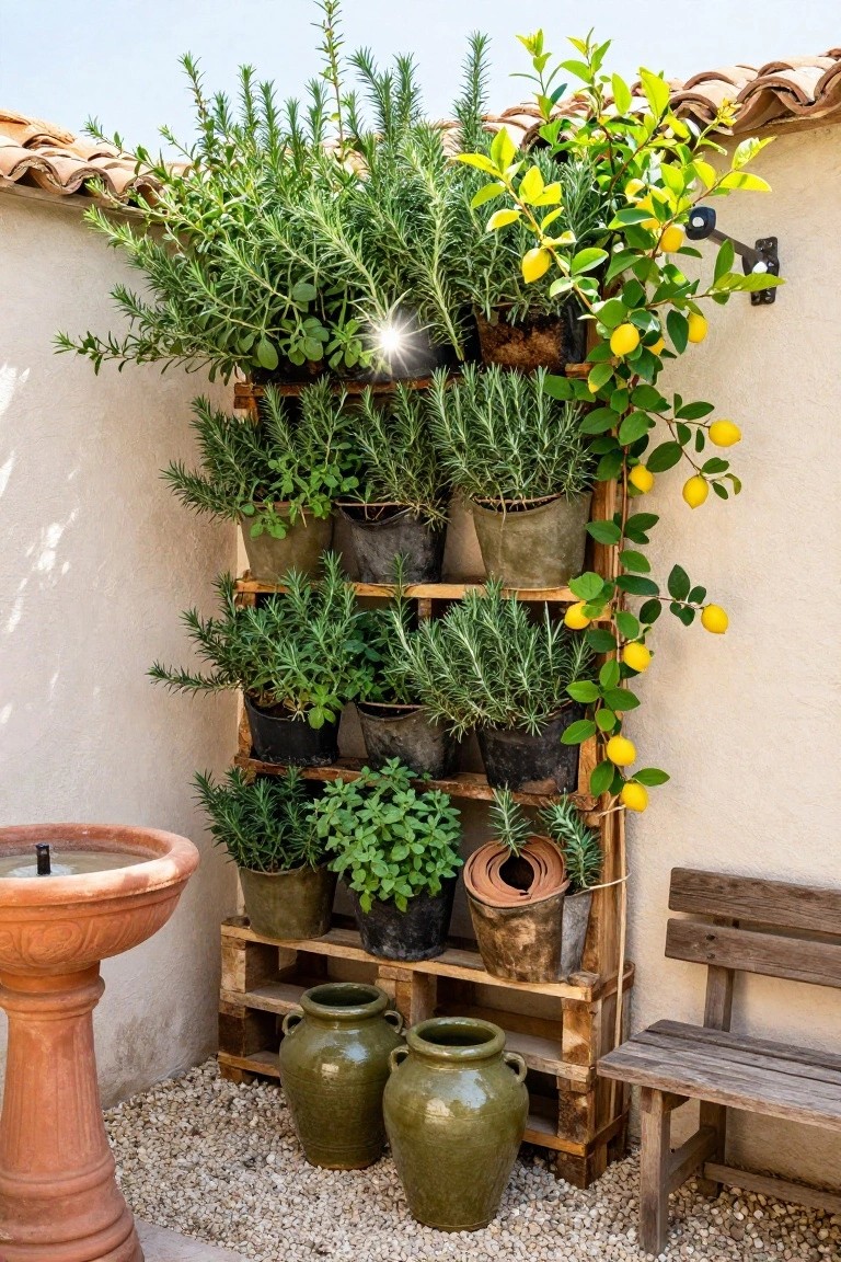 White stucco wall with wooden pallet shelves holding multiple pots of herbs like rosemary, a climbing lemon vine with yellow lemons, terracotta fountain, large green ceramic pots, and wooden bench on gravel ground in sunny outdoor space.