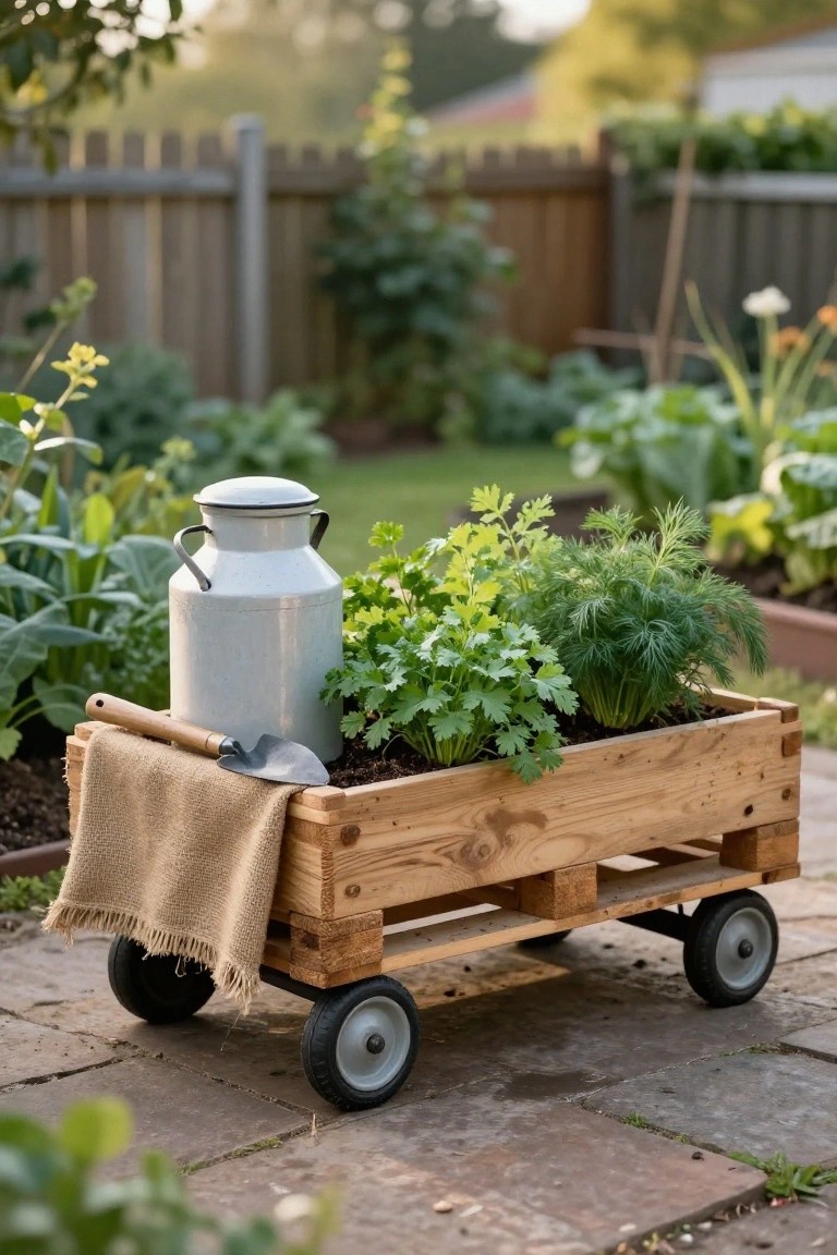 Wooden pallet wagon planter filled with green herbs including parsley and dill, positioned next to a white metal milk can, wooden-handled trowel on burlap cloth, surrounded by garden beds and fence in a backyard.