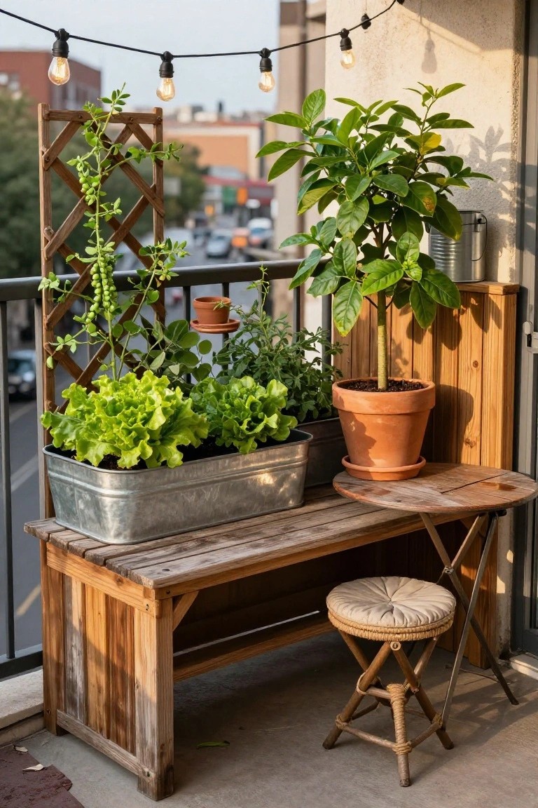 Balcony corner featuring a wooden bench with a metal trough planter of lettuce, trellis with pea vines, potted citrus tree and herbs, string lights overhead, small stool, and city view beyond railing.