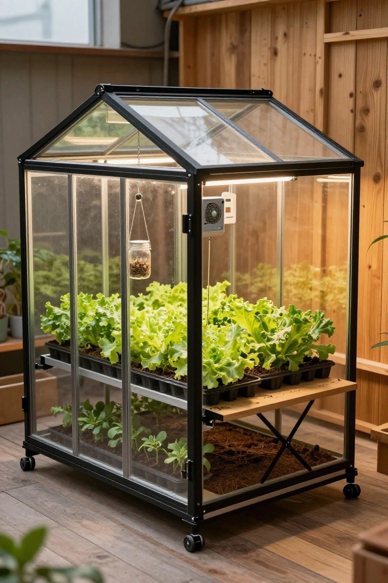 Black metal-framed glass greenhouse cabinet on wheels with upper and lower shelves holding trays of green lettuce plants and seedlings in soil, illuminated by overhead grow lights and equipped with a small fan and hanging jar, positioned on a wooden floor near a wooden fence.
