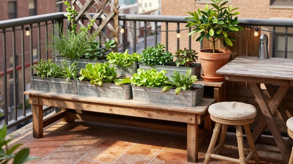 18 Creative Urban Homesteading Ideas For Small Spaces Balcony corner featuring a wooden bench with a metal trough planter of lettuce, trellis with pea vines, potted citrus tree and herbs, string lights overhead, small stool, and city view beyond railing.