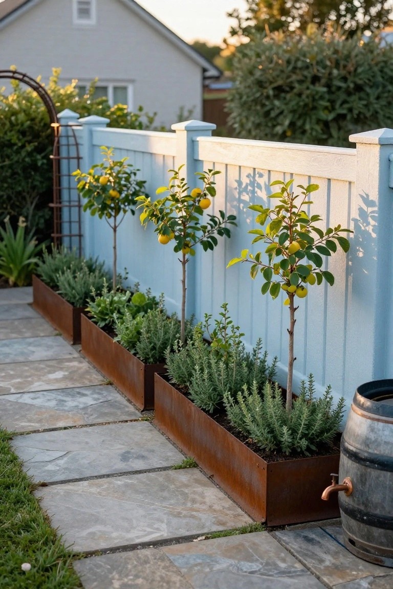 Three rectangular corten steel raised planters aligned along a white picket fence in a backyard, filled with herbs and young lemon trees bearing fruit, next to a stone pathway and a metal water barrel with faucet.