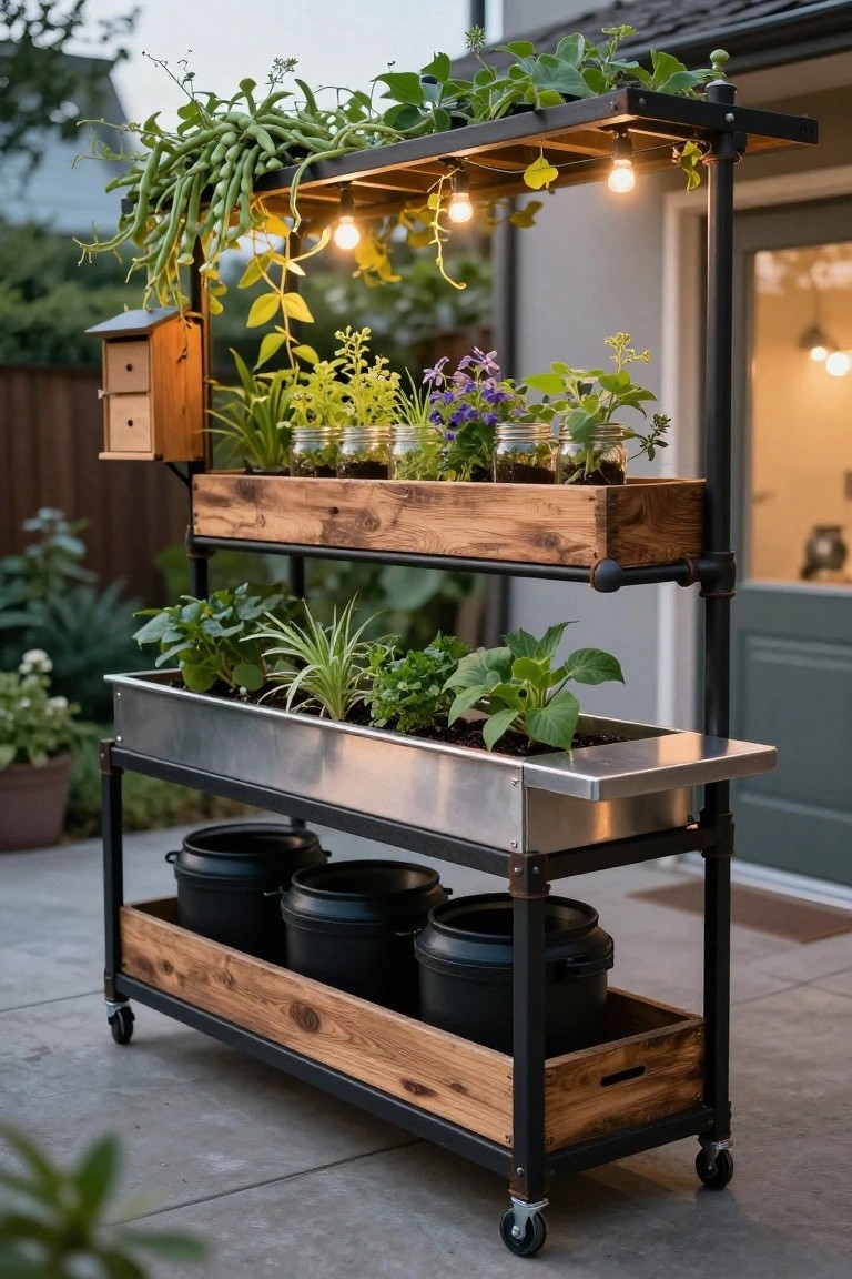 Wheeled three-tier black metal cart with wooden boxes, metal planters, black pots, trailing bean plants, herbs, succulents, and overhead grow lights on a concrete patio next to a house door.