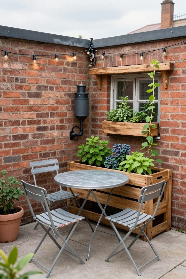 Small corner patio with gray metal bistro table and two folding chairs next to wooden crate planters filled with greenery, against a brick wall with string lights overhead and a window box.