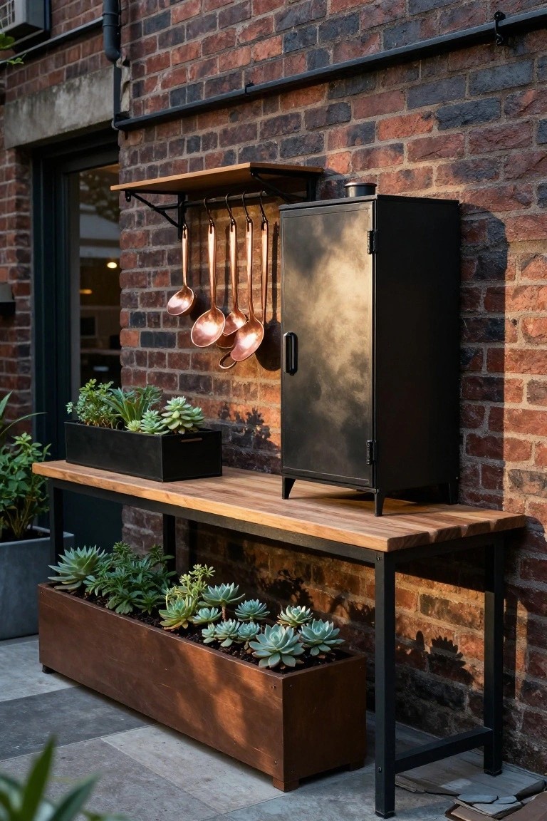 Outdoor patio against a brick wall with a wooden workbench topped by a black metal cabinet, hanging copper utensils from a shelf above, and planters filled with succulents on and around the bench.