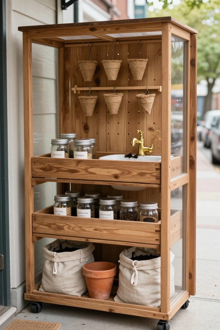 Wooden cart on wheels with glass enclosure, featuring hanging peat pots, shelves holding jars of seeds and soil, a small white sink with gold faucet, fabric bags of potting mix, and a terracotta pot at the base, placed outdoors beside a light green house wall.
