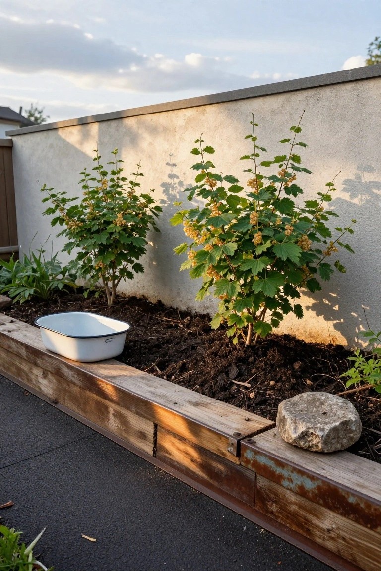 Wooden raised garden bed against a beige stucco wall filled with dark soil, two green gooseberry bushes bearing clusters of small yellow berries, a white enameled metal basin set into the soil, wooden edging, a gray stone on the edge, and a dark paved path nearby.