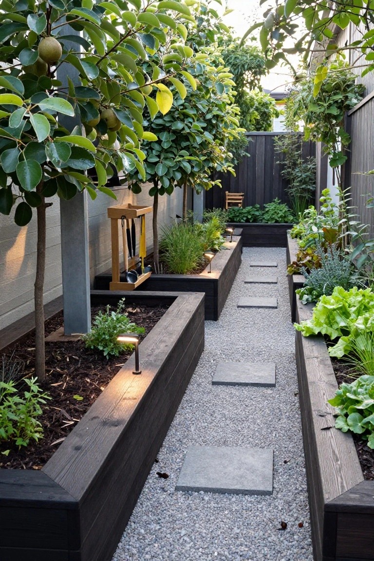 Narrow gravel pathway with stone steps flanked by dark wooden raised garden beds containing vegetables, herbs, and ornamental grasses, kiwifruit trees along one side, and a wooden tool rack nearby.
