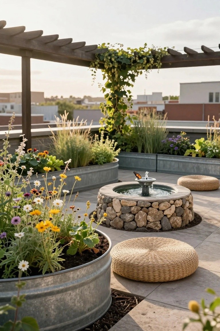 Rooftop terrace with multiple galvanized metal tub planters filled with colorful flowers, grasses, and succulents, a central circular stone fountain with water spout, two round woven floor cushions, wooden pergola overhead draped in green vines, and city buildings in the background.