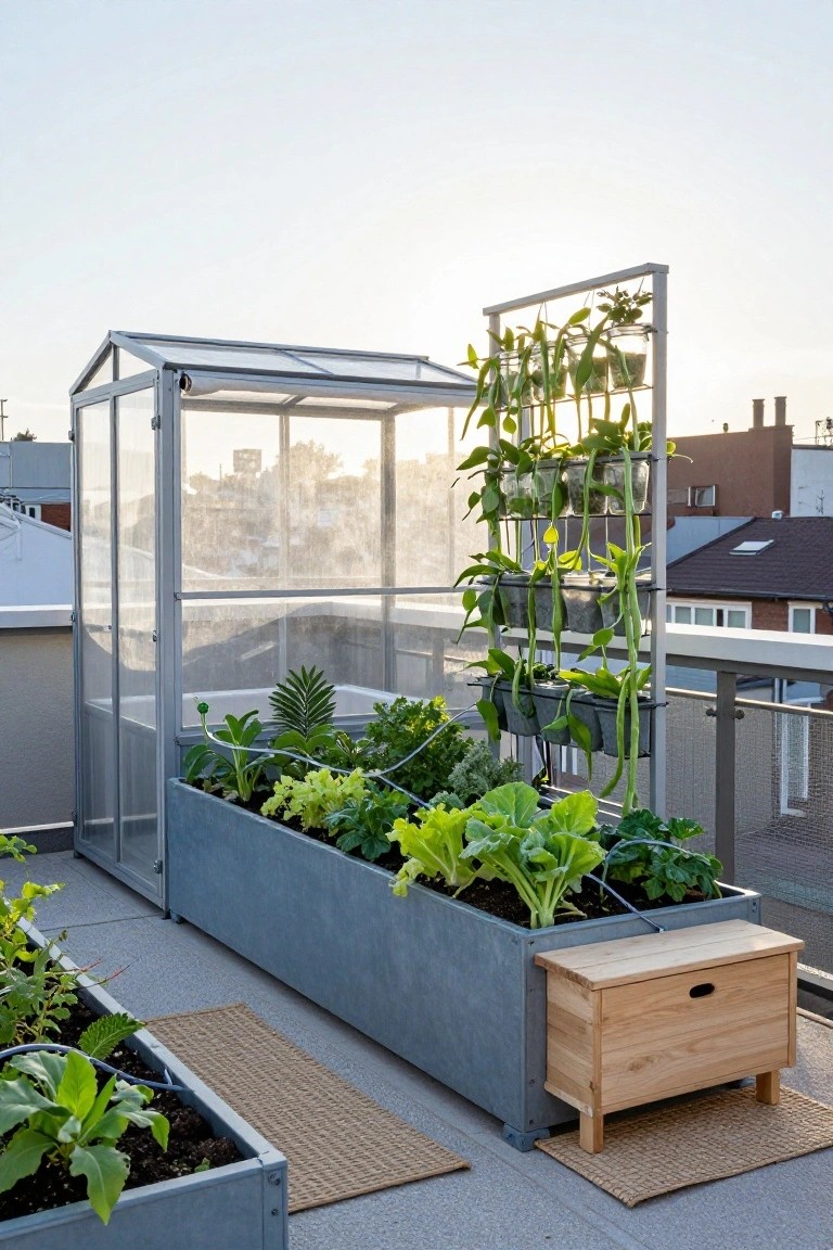Rooftop terrace with a small enclosed glass greenhouse containing plants in raised metal beds, vertical metal racks with hanging planters of beans, additional ground-level planters with greens, a wooden stool, and city buildings in the background.