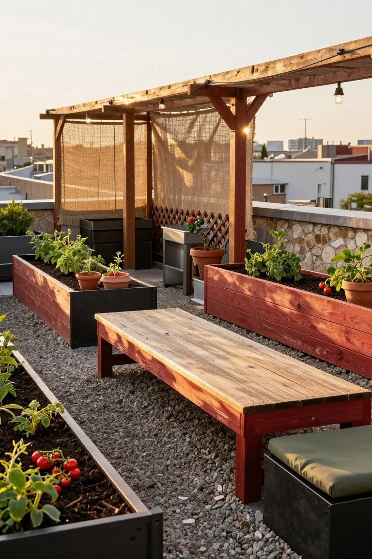 Rooftop terrace featuring red raised planters with tomato plants and herbs, wooden table and bench on gravel ground, pergola with reed screens and hanging lights, stone wall and city buildings in background at sunset.
