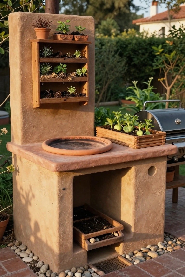 Earthen outdoor potting bench with wooden shelves holding succulents and small plants, seedling trays on the terracotta countertop, and a barbecue grill adjacent on a patio edged with pebbles and bricks.