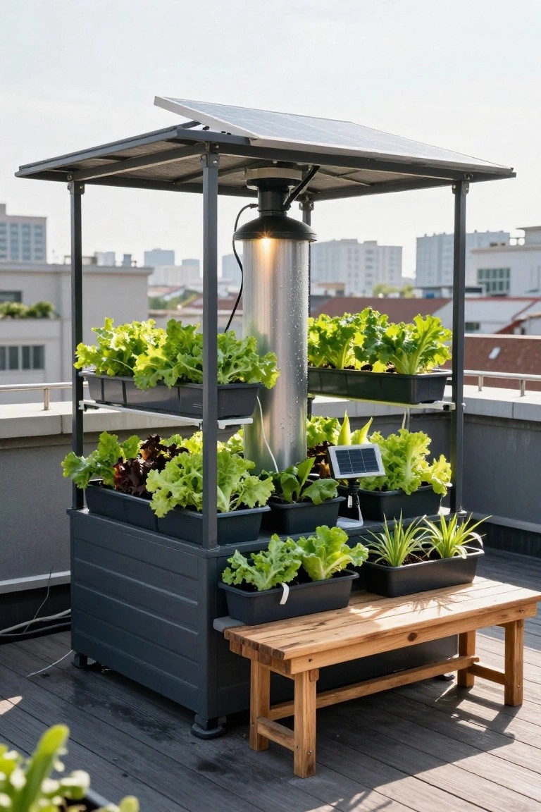 Black vertical garden tower with solar panel roof and LED light, growing leafy greens in trays on a rooftop balcony beside a wooden bench, with urban buildings visible in the background.