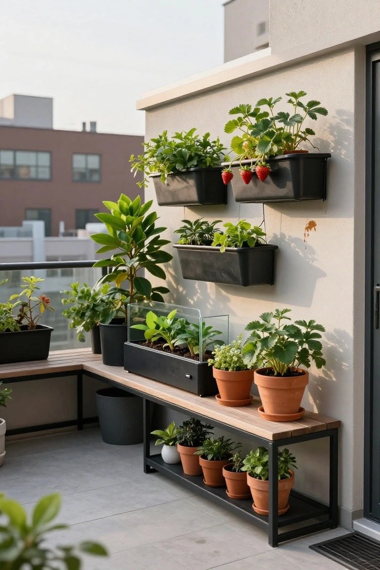 Urban balcony corner with black wall-mounted planters containing strawberry plants and herbs, a black metal bench with wooden top and terracotta pots of plants underneath, additional potted greenery on the floor and shelves against a light-colored wall.