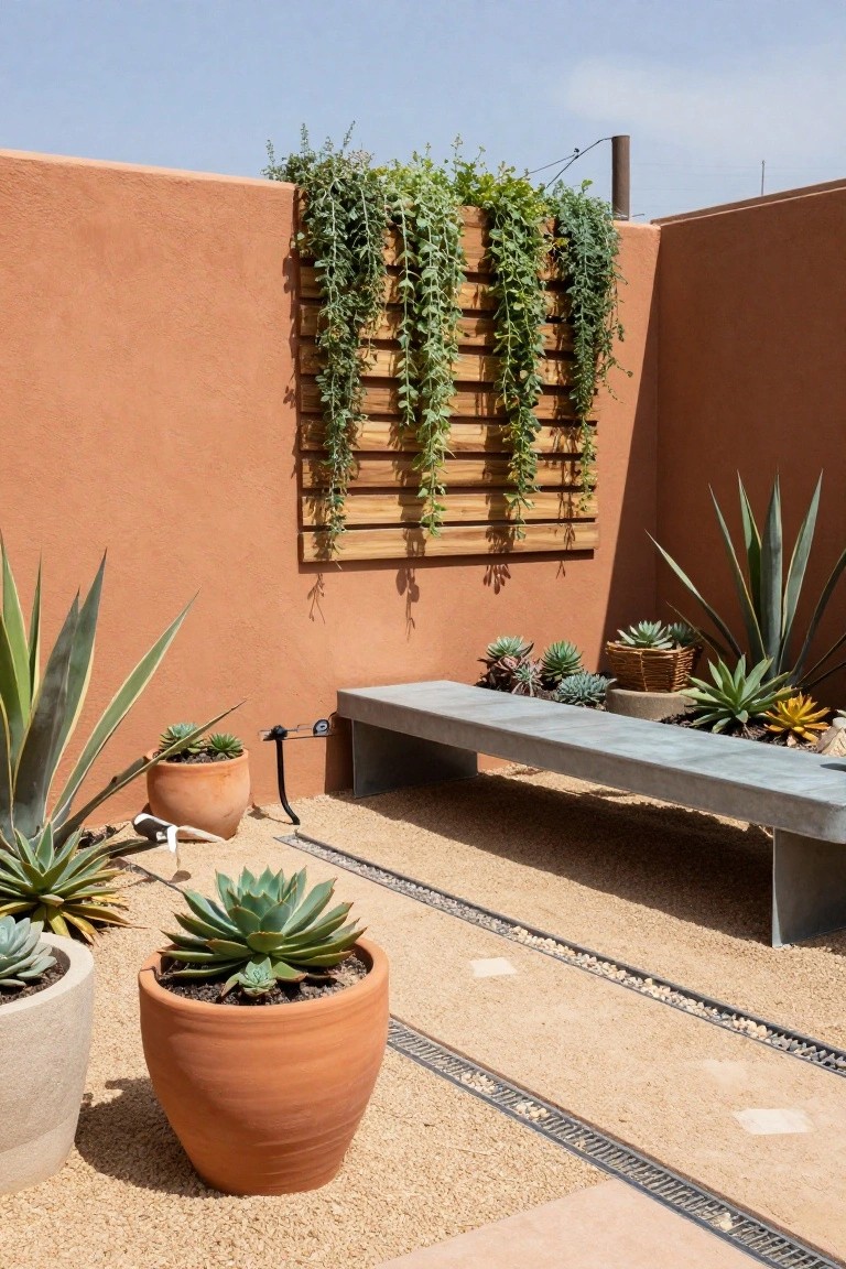 Rust-colored stucco walls enclose a small gravel patio with a wooden vertical planter holding trailing green succulents, potted agaves and other succulents nearby, a concrete bench, and linear gravel drains.
