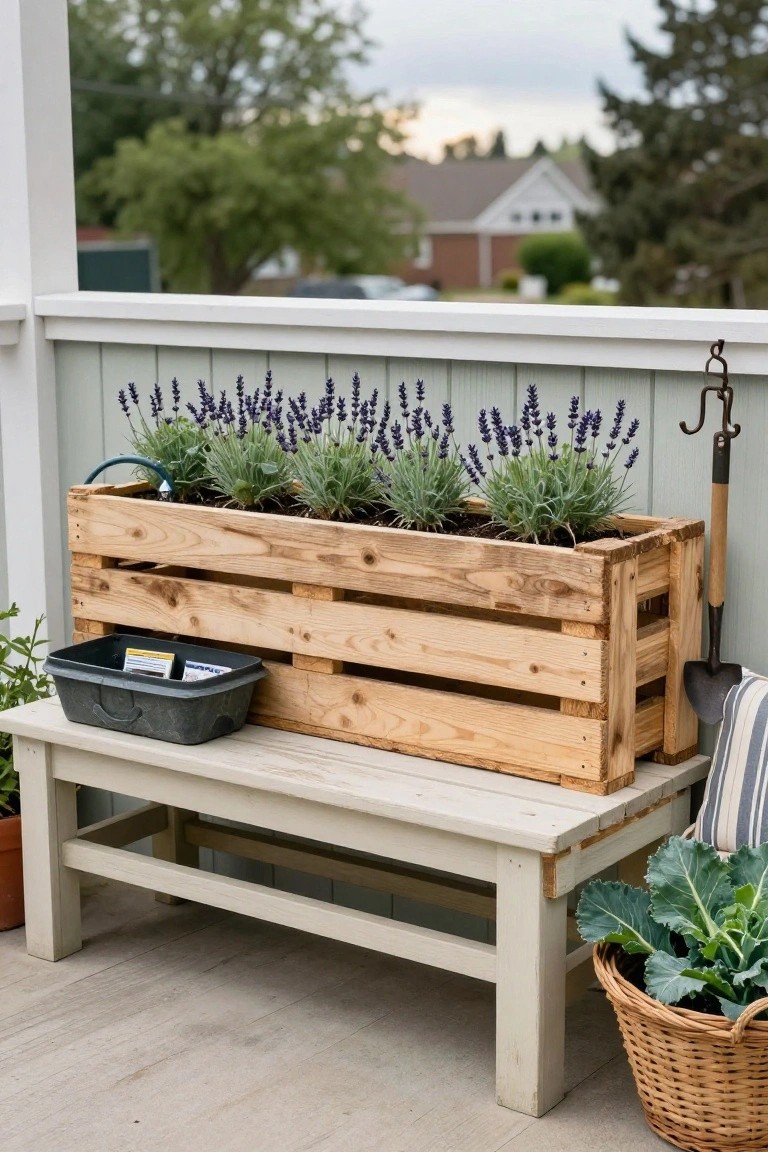 Wooden crate planter box filled with lavender plants on a porch railing next to a white bench, with a metal tray of seed packets, trowel, watering hose, and basket of greens nearby.