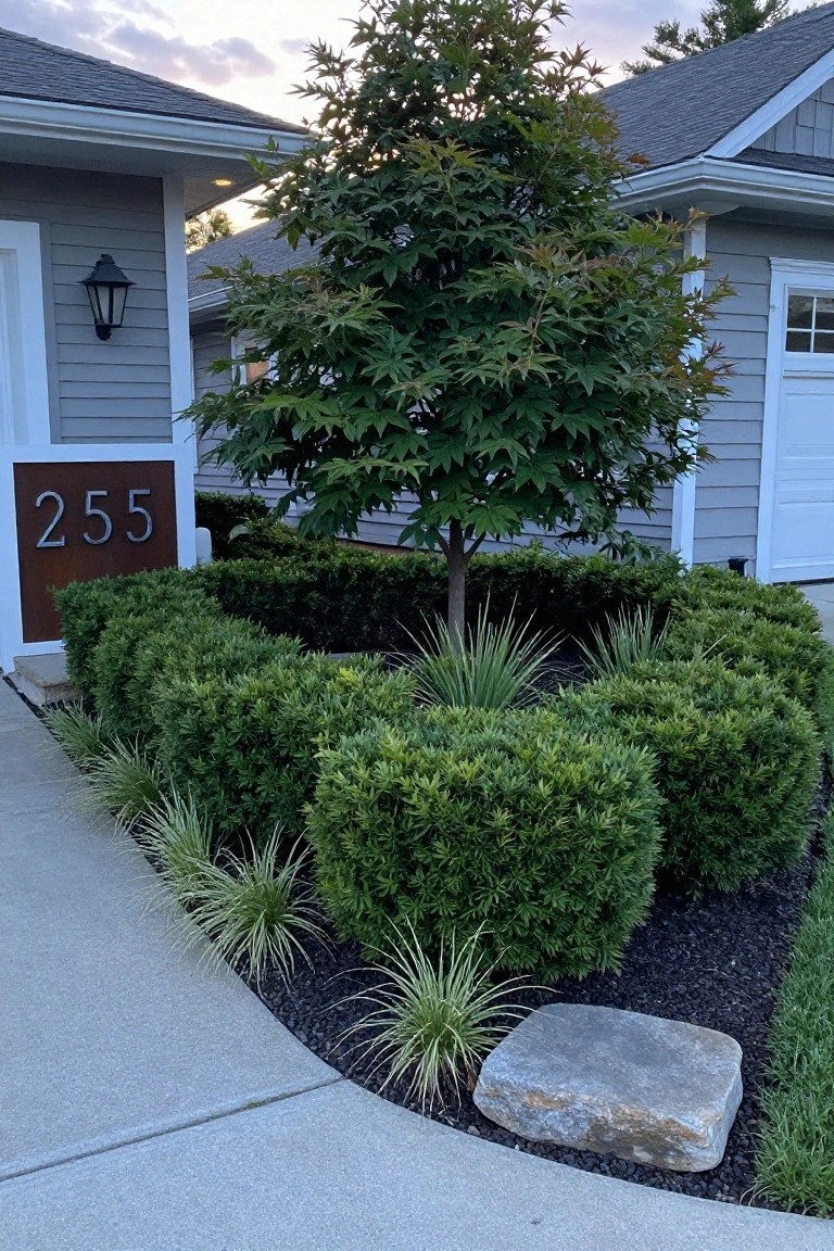 Gray house with number 255 and garage, front yard landscaped bed of curved boxwood hedges around a central green tree, ornamental grasses, black mulch beds, and a large flat stone near concrete driveway.