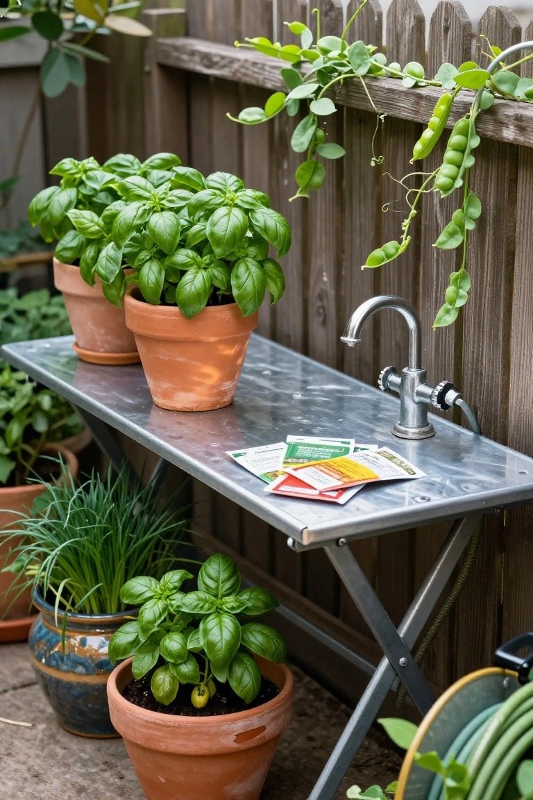 Outdoor potting station on a galvanized metal table with faucet, terracotta pots of basil and chives, seed packets, pea vines on wooden fence, and garden hose nearby.