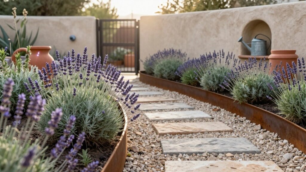 15 Effortless Gardening Ideas for Busy Homeowners Corten steel raised planters filled with blooming lavender line a beige stucco wall with a niche holding a metal watering can, next to a gravel path with stone pavers and a wooden gate.