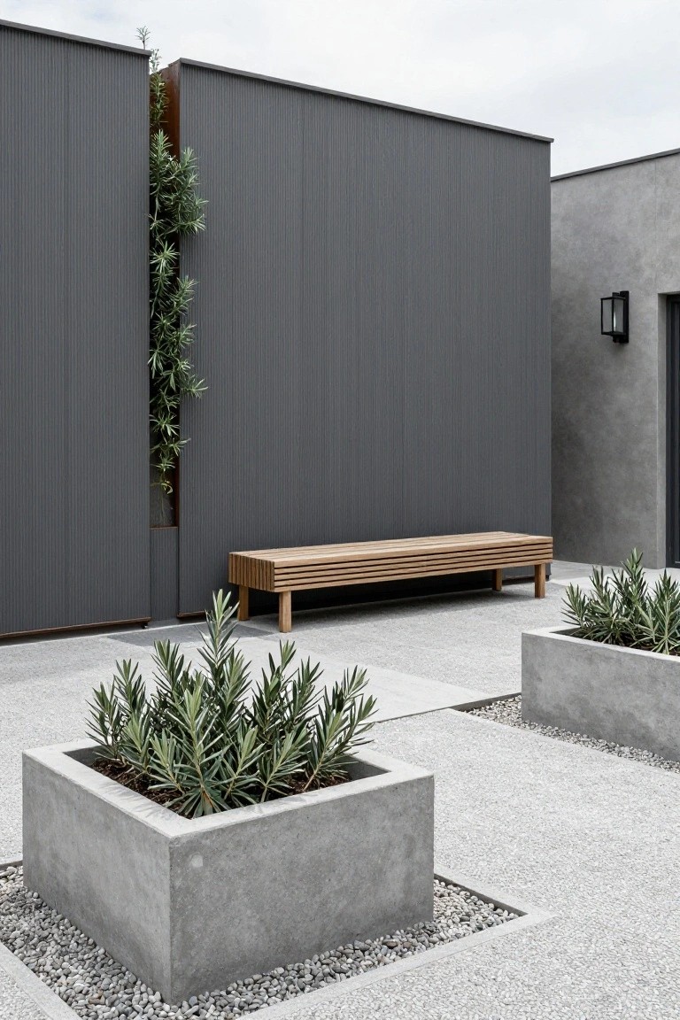 Modern outdoor patio with wooden bench, concrete planters, and gray walls.