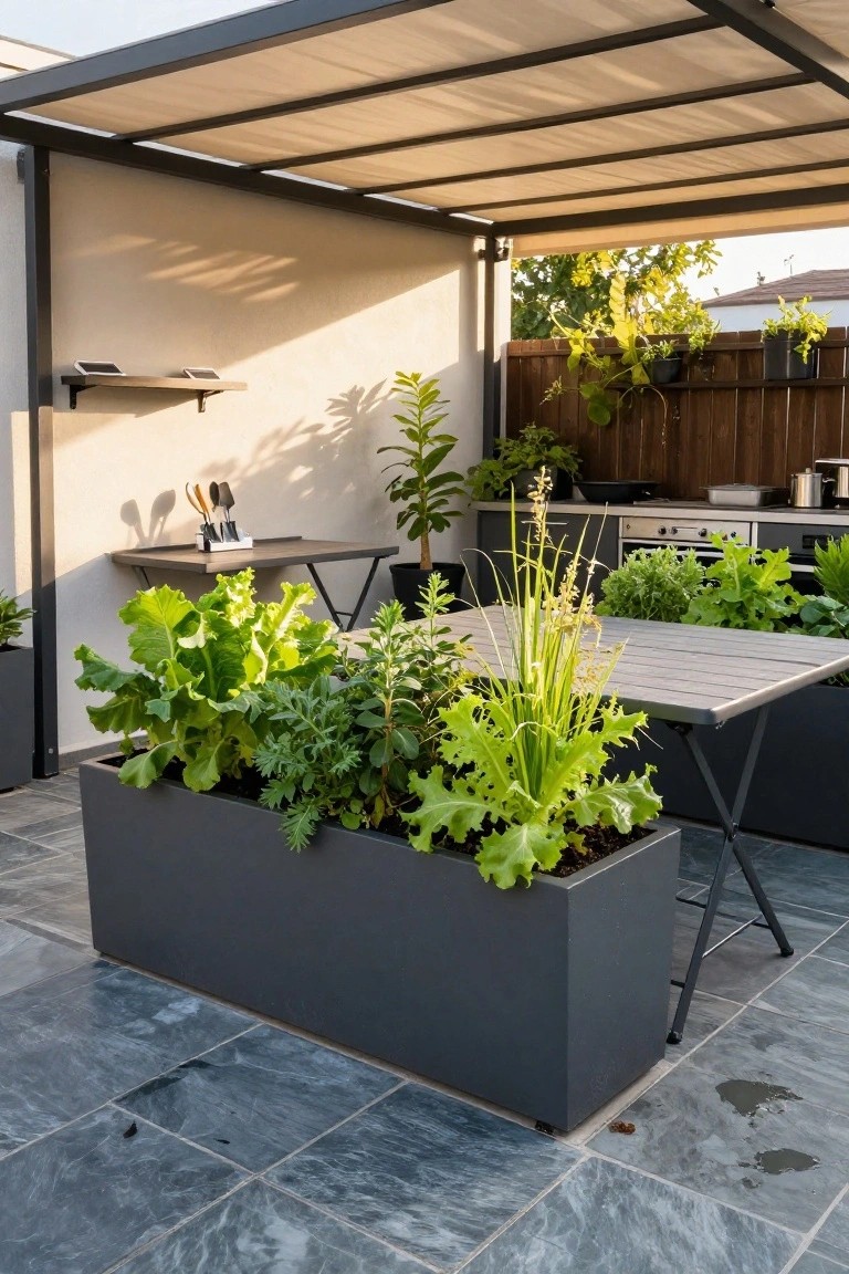 Outdoor patio under a beige fabric pergola with a kitchen counter, wooden table and chairs, wall-mounted shelf, and a large rectangular gray planter box filled with leafy greens, herbs, and grasses next to the table on gray tiled flooring.
