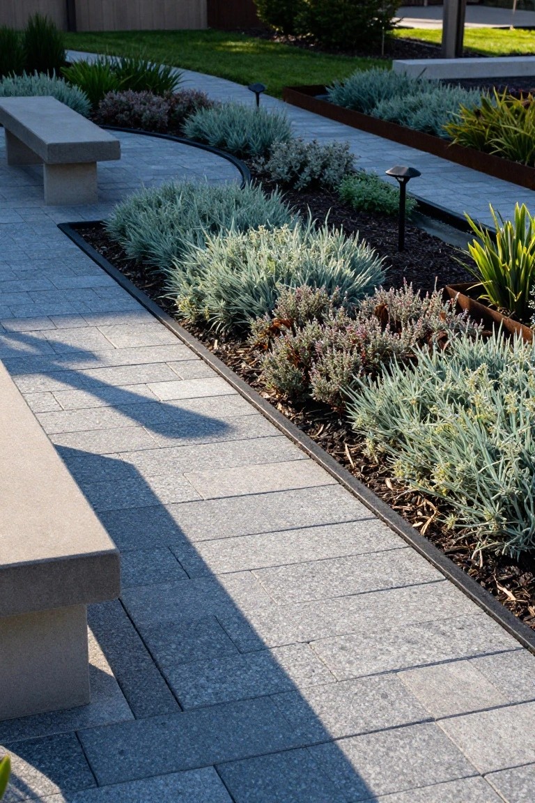 Curved gray stone pathway bordered by corten steel-edged planting beds filled with dense silver-blue shrubs, lavender, and mulch, with concrete benches alongside.