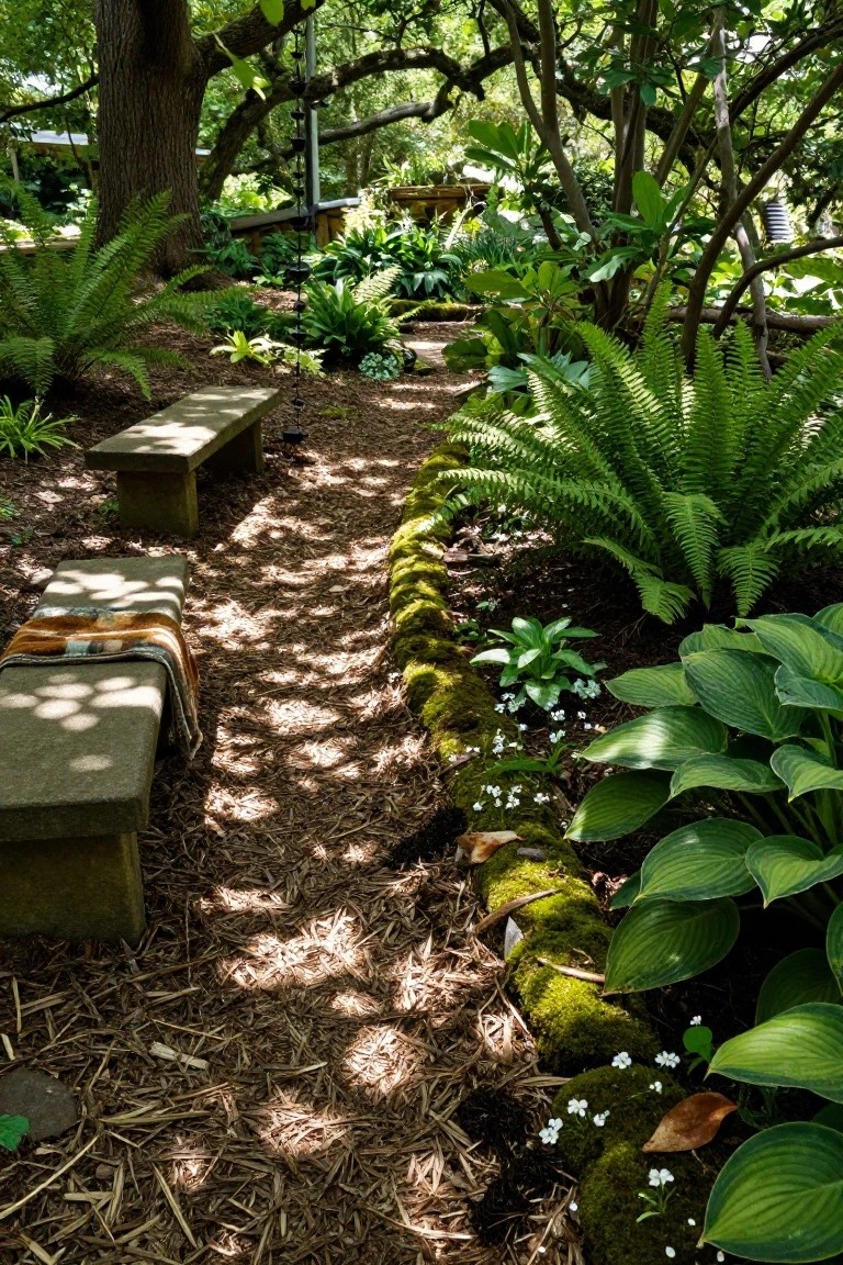 A shaded mulch garden path bordered by moss-covered stones, flanked by ferns, hostas, and other green plants, with two stone benches nearby under trees.