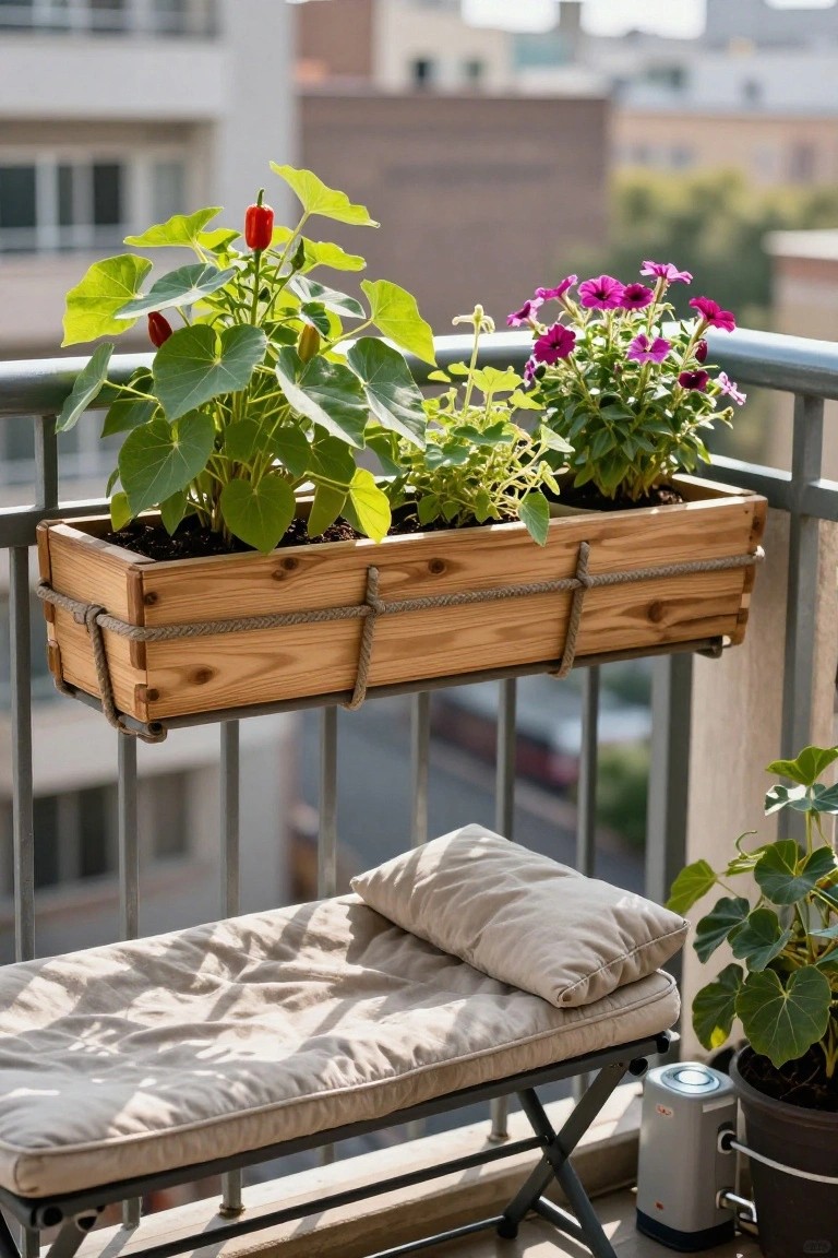 Wooden rectangular planter box tied with ropes to a metal balcony railing, filled with green-leafed plants bearing small red peppers, herbs, and purple flowers, on an urban apartment balcony with a cushioned bench, potted plants, and city view.