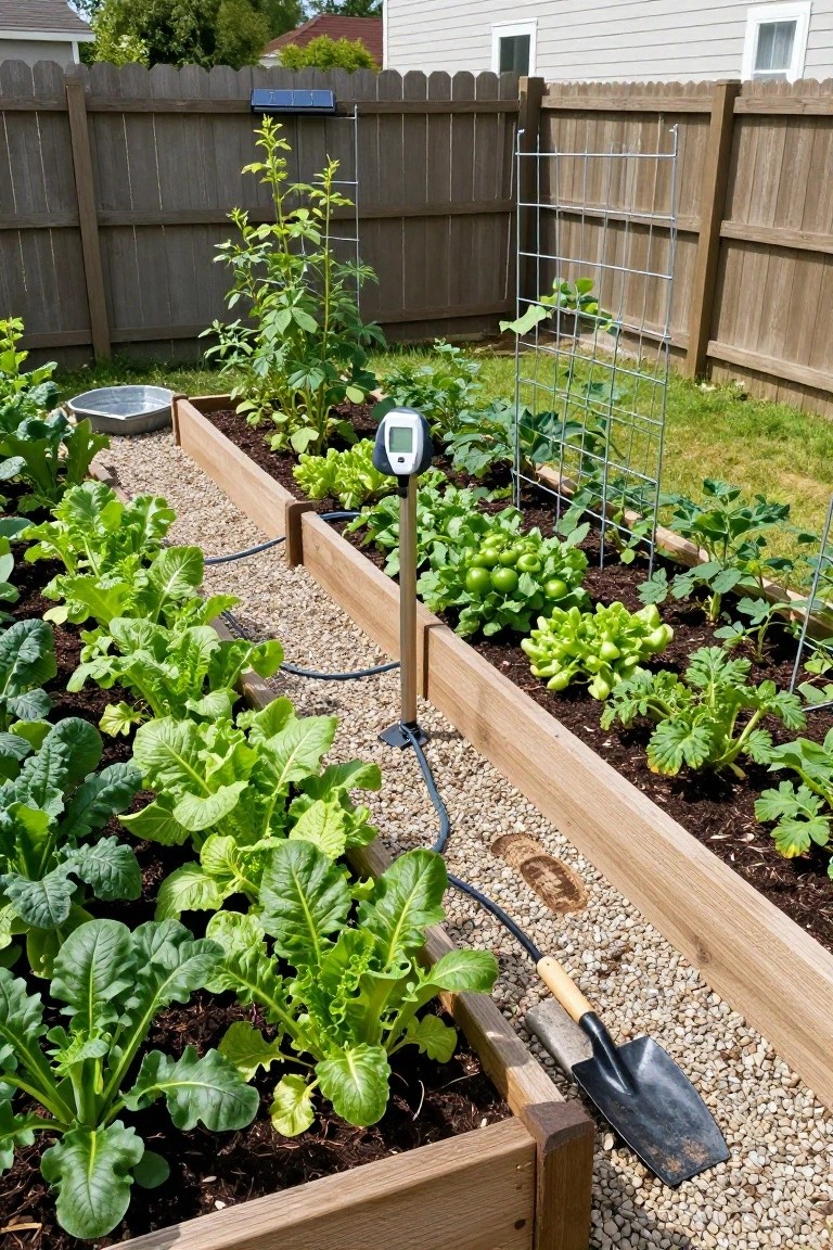Lush raised garden beds with leafy greens, tomatoes, and a solar meter.