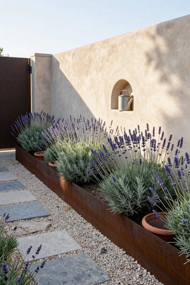 Corten steel raised planters filled with blooming lavender line a beige stucco wall with a niche holding a metal watering can, next to a gravel path with stone pavers and a wooden gate.