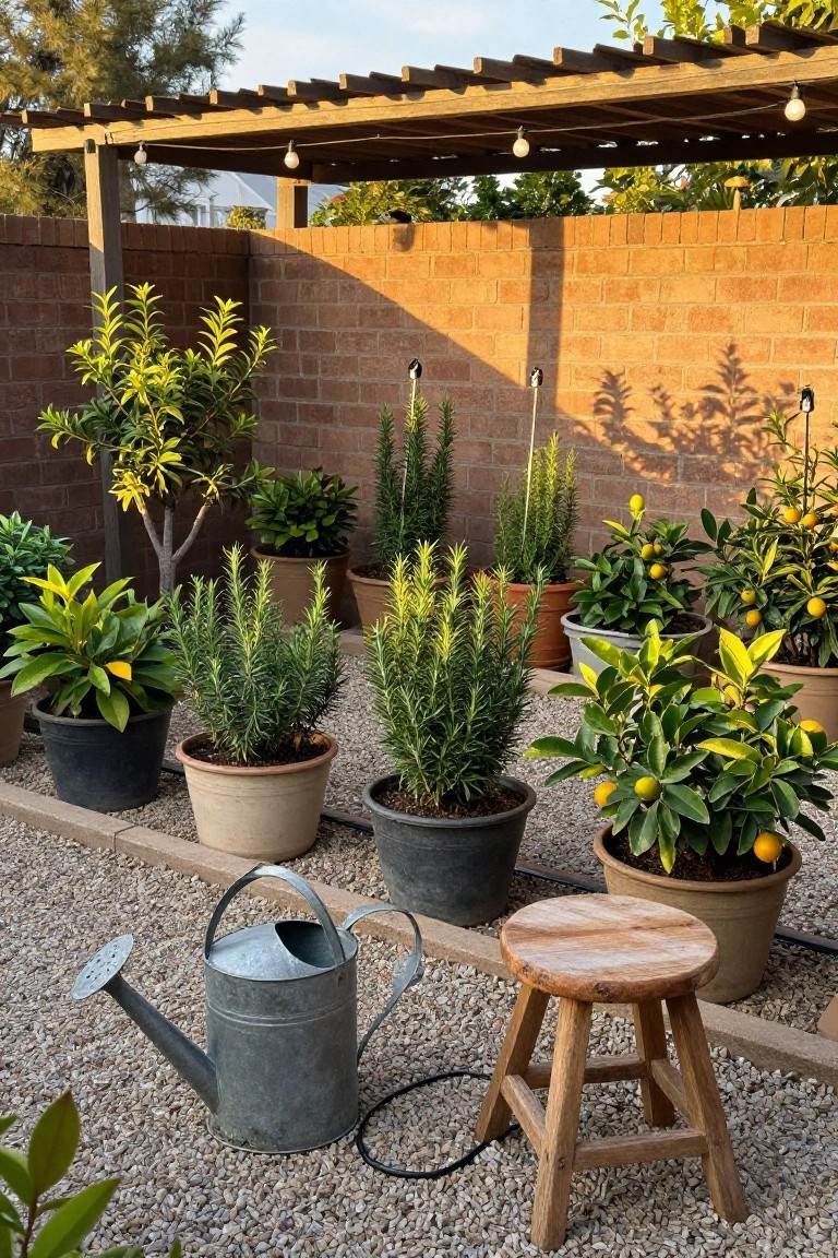 Patio with assorted potted plants including rosemary bushes, lemon trees with fruit, and crotons under a wooden pergola strung with lights, next to a brick wall on gravel ground, with a metal watering can and wooden stool nearby.