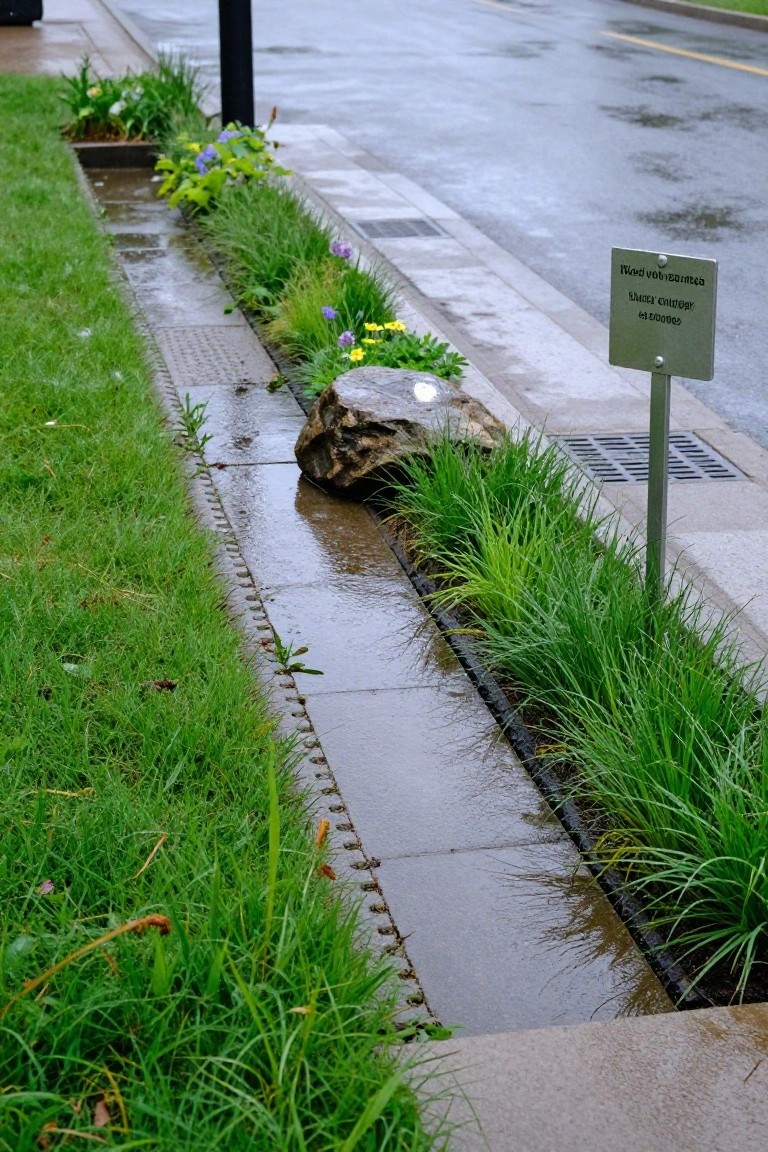 Street-side linear drainage channel with shallow brown water, bordered by green grasses, purple and yellow flowers, a large gray rock, and a metal signpost next to a paved sidewalk on a rainy day.