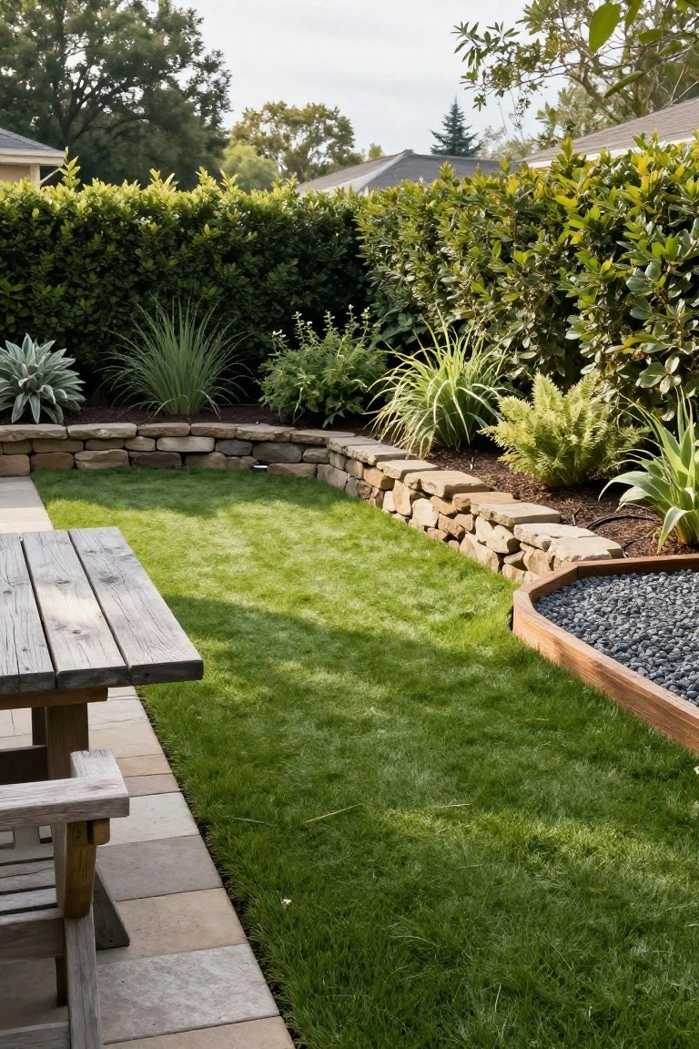 Backyard view showing a wooden picnic table on pavers next to a lawn, a curved stone retaining wall with plants including grasses and agave, dense hedges, and a wood-edged octagonal gravel bed.