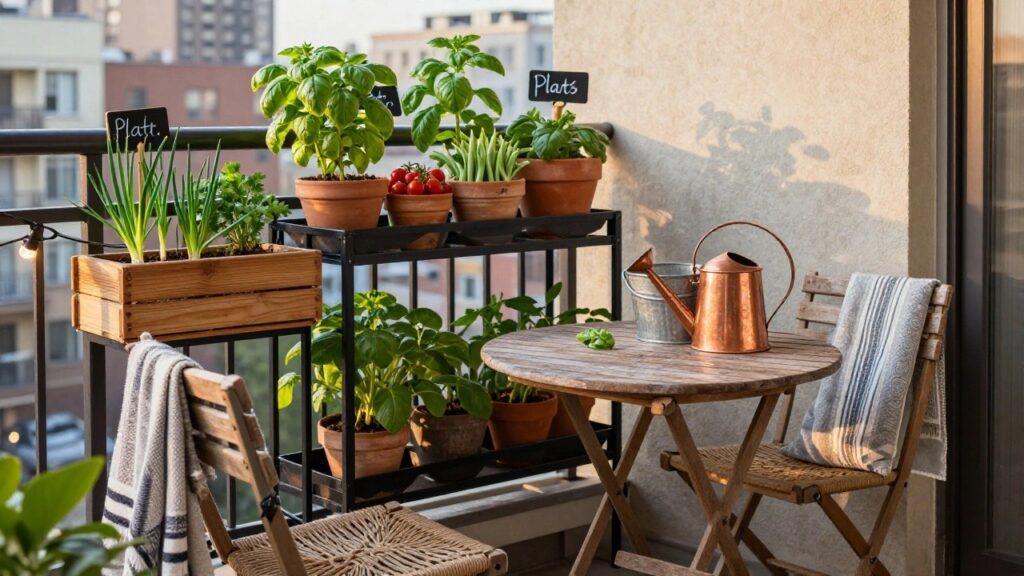 Balcony setup with black metal tiered shelving holding potted tomato plants, basil, beans, and herbs, a round wooden table with copper watering can, two wicker chairs with cushions and throws, string lights, wooden planter box with scallions, and chalkboard sign.