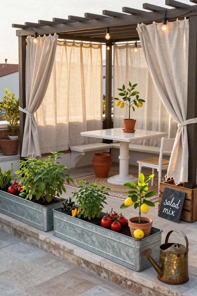 Rooftop patio under wooden pergola with sheer curtains and string lights, white tiled table with benches and chair, potted lemon trees, galvanized metal trough planters filled with tomatoes peppers herbs and greens, terracotta pots, and brass watering can on tiled floor.