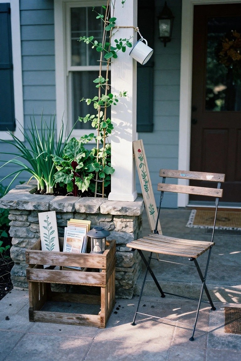 Raised stone planter bed along a porch foundation filled with vegetables including green onions, Swiss chard, and beets, next to a wooden folding chair, wooden crate with books and lantern, hanging watering can, and climbing vines on porch post.