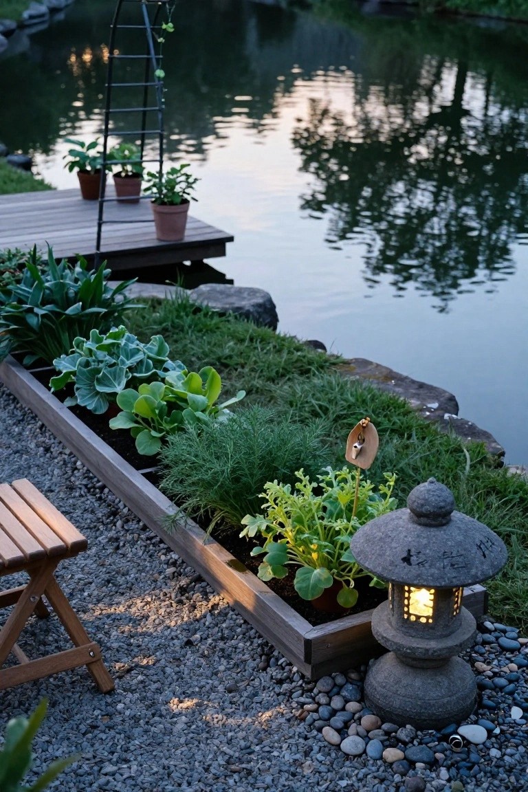 Wooden raised planter box filled with leafy green vegetables and herbs along a gravel patio edge next to a pond, with a lit stone lantern, wooden bench, and wooden deck in the background.